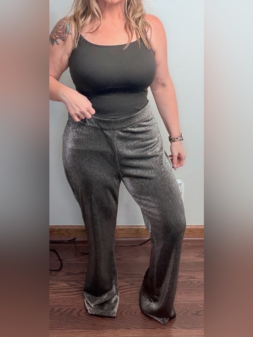Maurices Metallic Silver Wide Leg Pants Size L Long High Rise Stretch